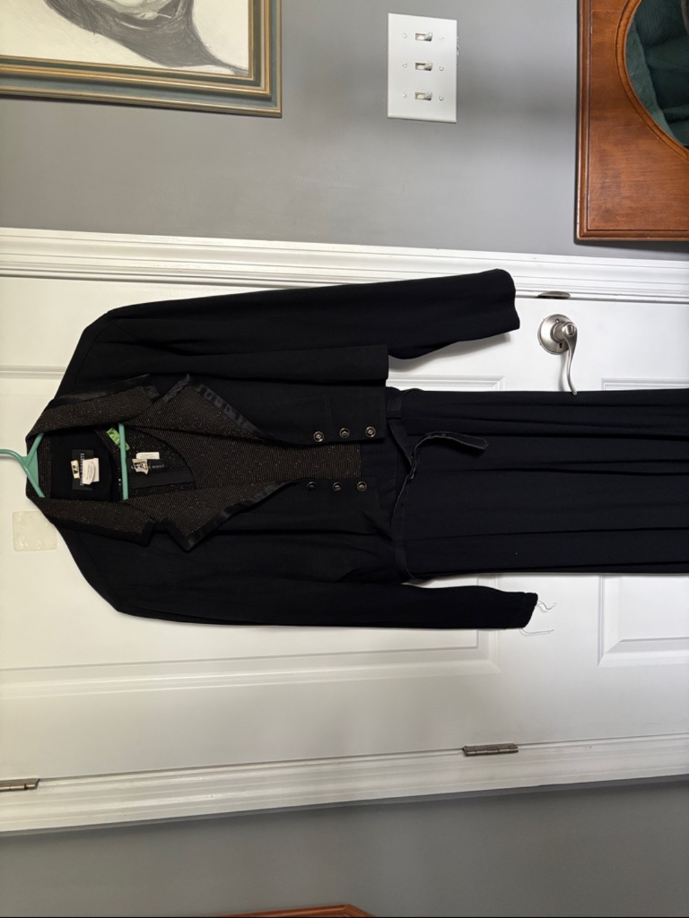 Black Long Buttoned Coat with Subtle Sheen Detail